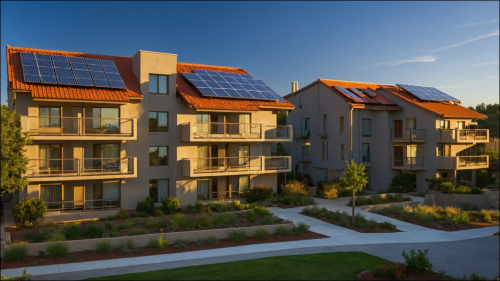 Foto von Mehrfamilienhäusern mit Solaranlagen auf dem Dach.