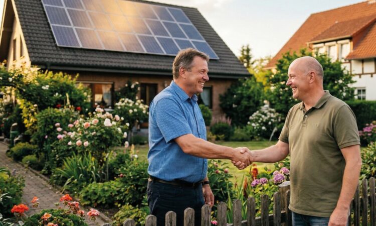 Zwei Nachbarn sprechen miteinander, im Hintegrund eine PV-Dachanlage