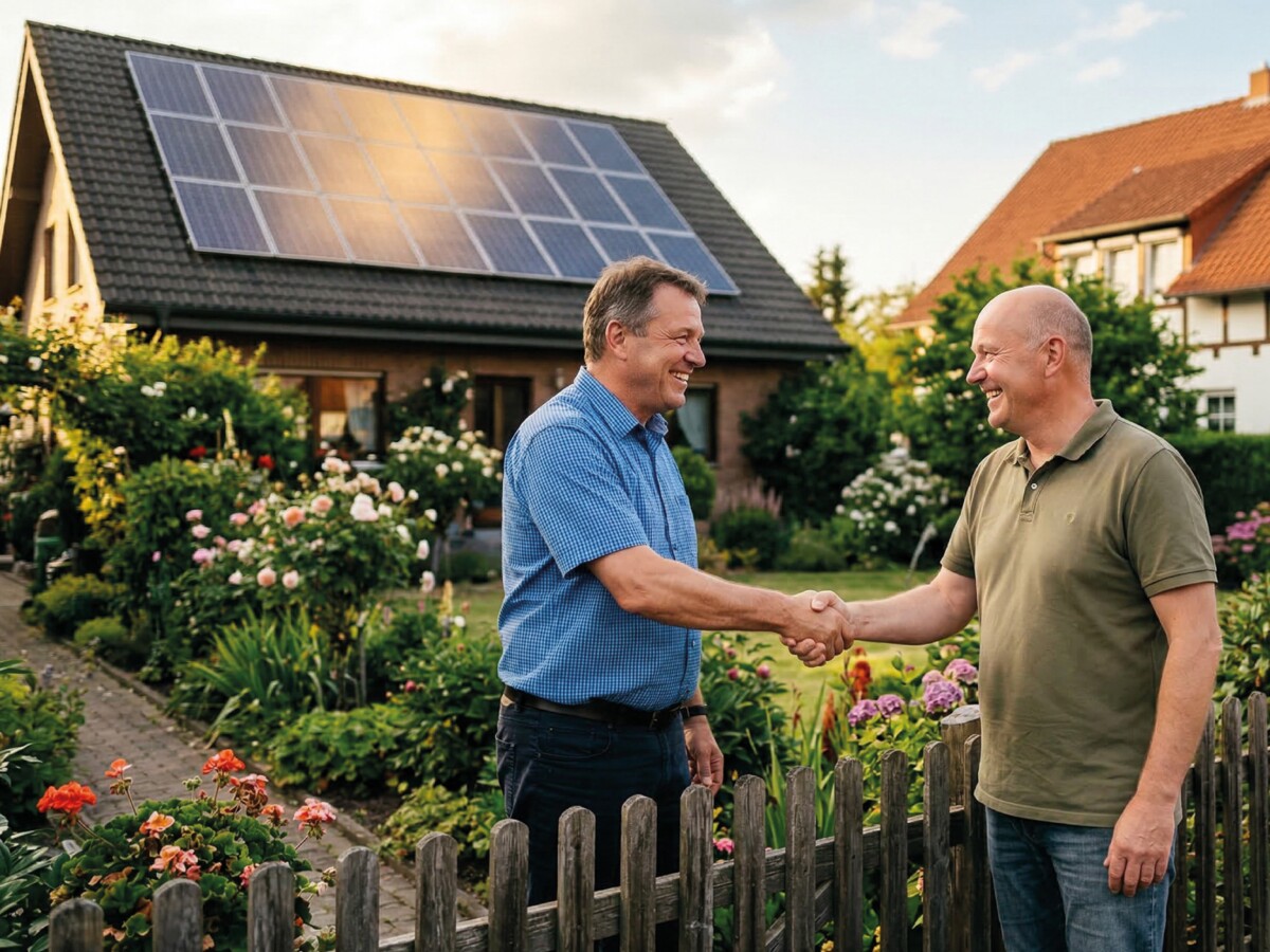 Zwei Nachbarn sprechen miteinander, im Hintegrund eine PV-Dachanlage